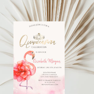 Invitation Flamants roses floraux Couronne dorée Quinceañera