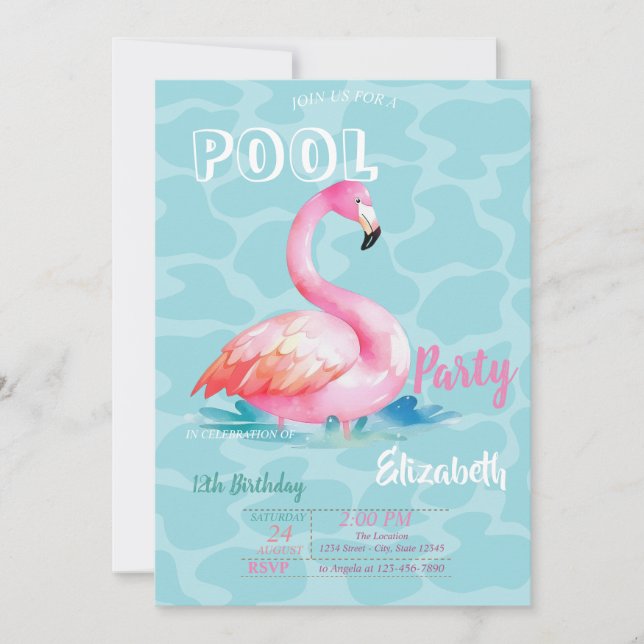 Invitation Flamants Roses Froids Piscine Anniversaire d'Été (Devant)