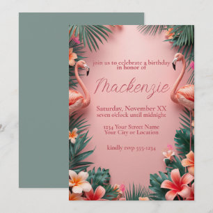 Invitation Flamants roses Palmiers tropicaux et fleurs de plu