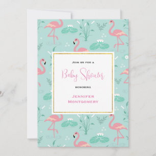 Invitation Flamants roses pastel sur Baby Shower à motif vert