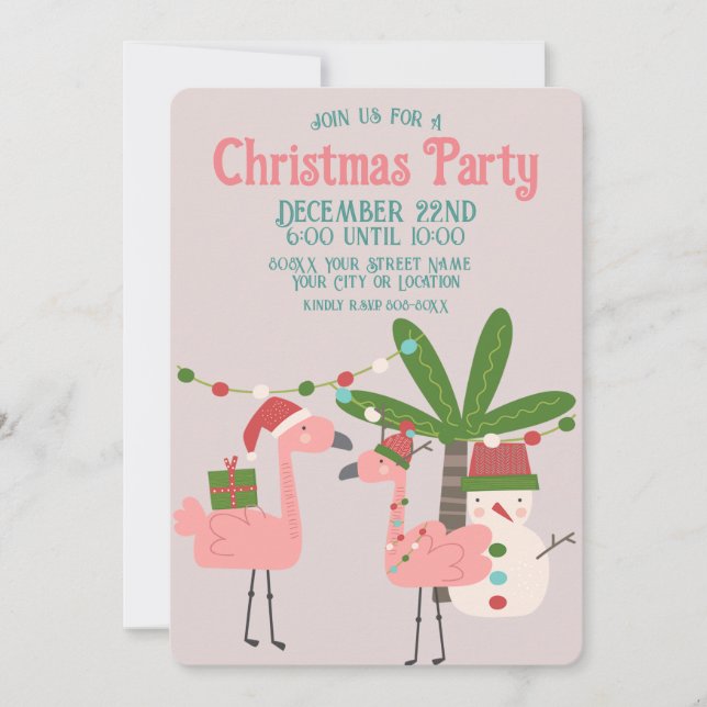 Invitation Flamants roses rose de Noël tropicaux sur Blush (Devant)
