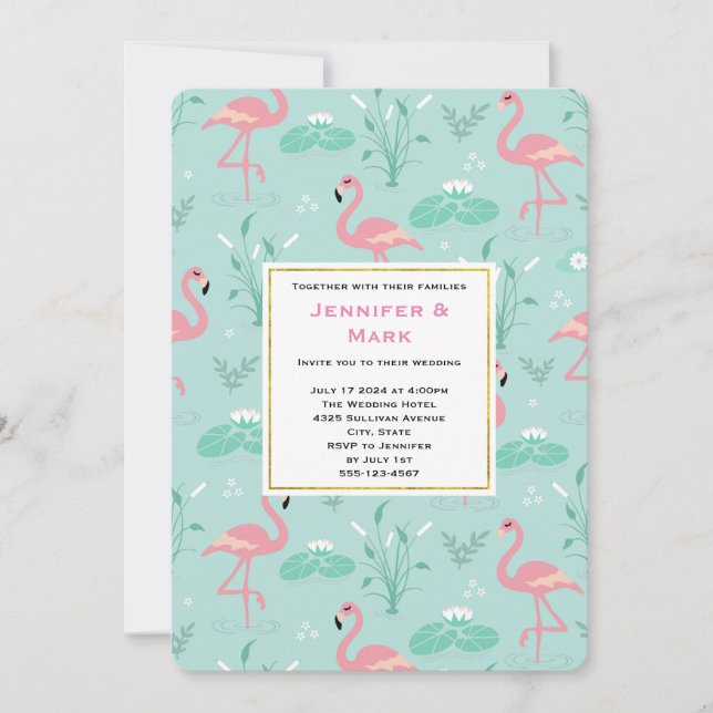 Invitation Flamants roses rose Pastel sur Mariage Motif vert (Devant)