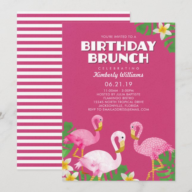 Invitation Flamants roses roses Brunch Fuchsia (Devant / Derrière)