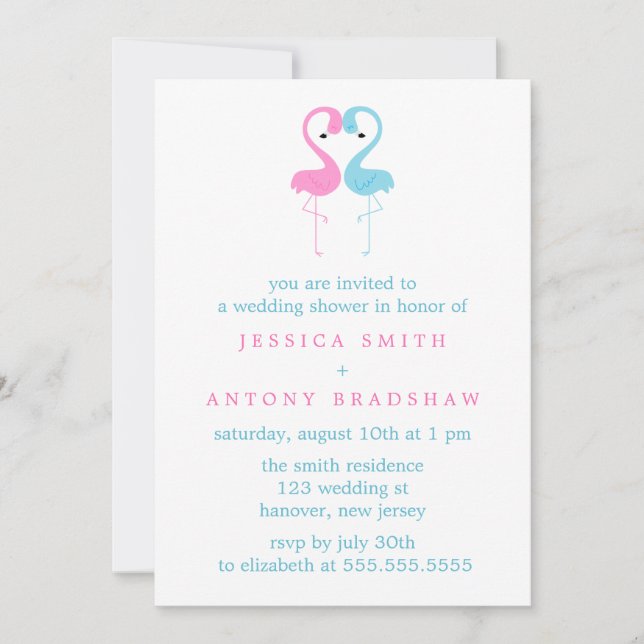 Invitation Flamants roses roses et bleus Couples Wedding show (Devant)