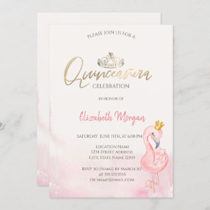 Invitation Flamants roses roses Gold Tiara Quinceañera