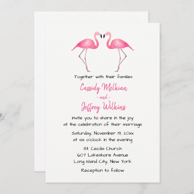 Invitation Flamants roses roses Mariage Tropical Summer Beach (Devant / Derrière)