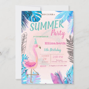 Invitation Flamants roses roses mignonettes bleu feuille de p