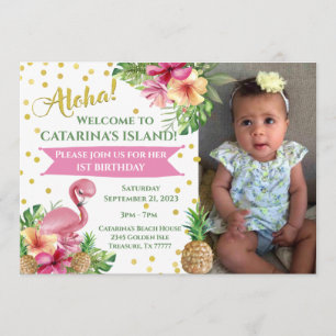 Invitation Flamants roses roses tropicaux Photo Anniversaire