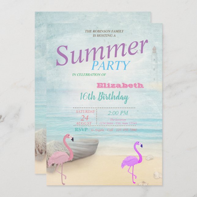 Invitation Flamants roses Summer Boat Lighthouse fête d'anniv (Devant / Derrière)