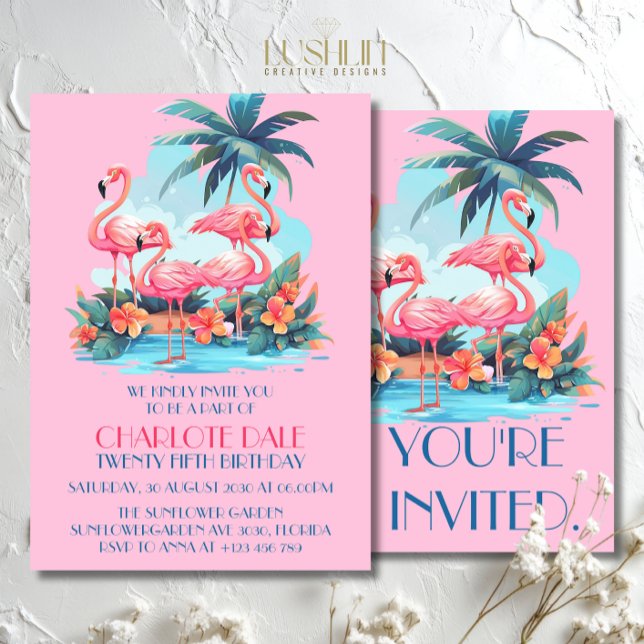 Invitation Flamants roses sur la plage Anniversaire Tropical  (Créateur téléchargé)