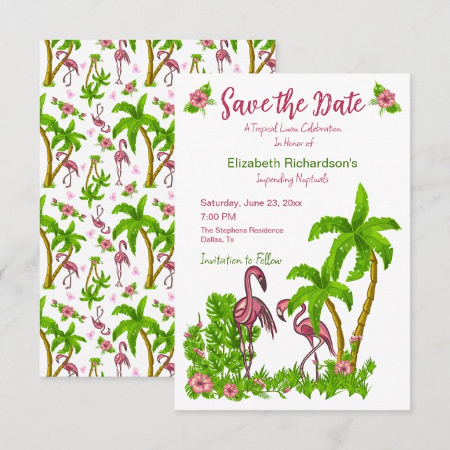 Invitation Flamants roses tropicaux et fleurs Enregistrer la  (Devant / Derrière)