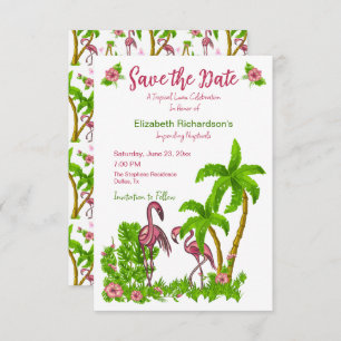 Invitation Flamants roses tropicaux et fleurs Enregistrer la