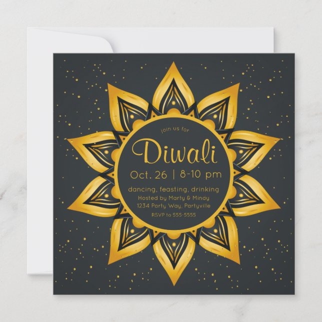 Invitation Flames Diwali Gold et Black Diya (Devant)