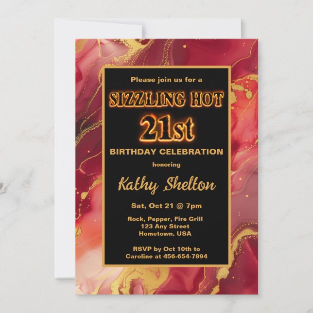 Invitation Flaming rouge et or chaud 21e anniversaire (Devant)