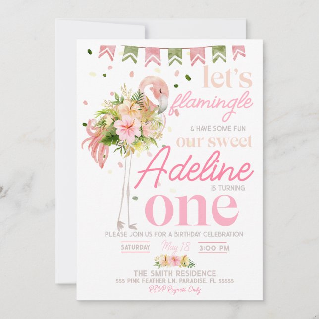 Invitation Flamingle 1er anniversaire Invitation, Flamant ros (Devant)