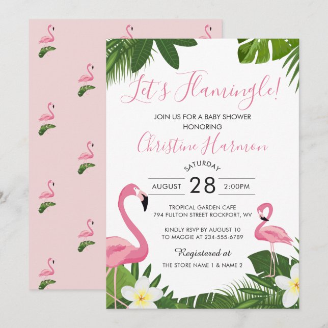 Invitation Flamingle Baby shower de Flamant rose Tropical Ros (Devant / Derrière)
