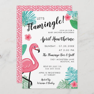 Invitation Flamingle ! Baby shower tropical blanc rose