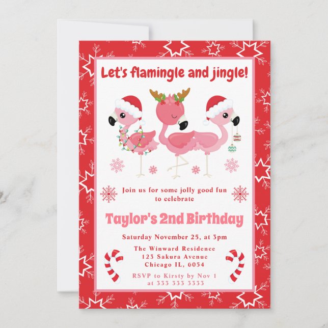 Invitation Flamingle et Jingle Flamingo Noël Anniversaire (Devant)