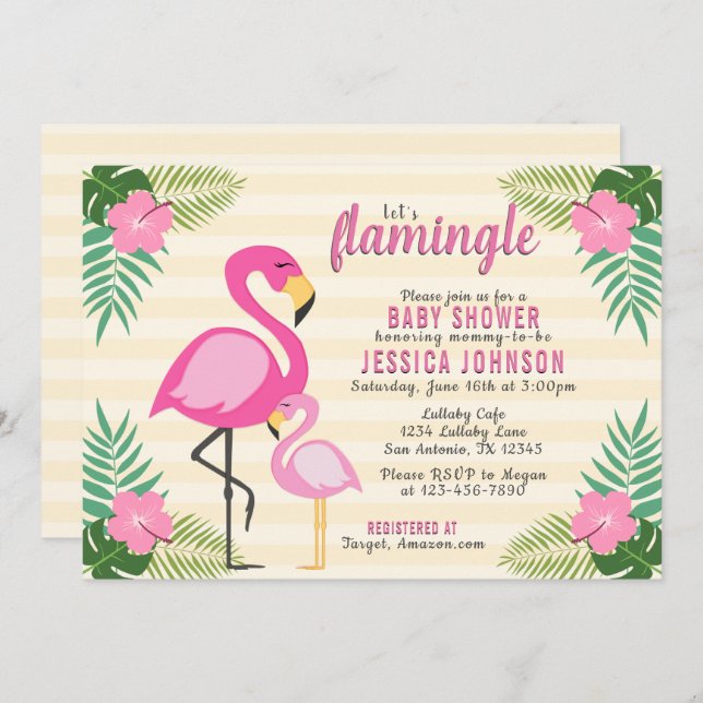 Invitation Flamingle Flamant rose rose Baby shower (Devant / Derrière)