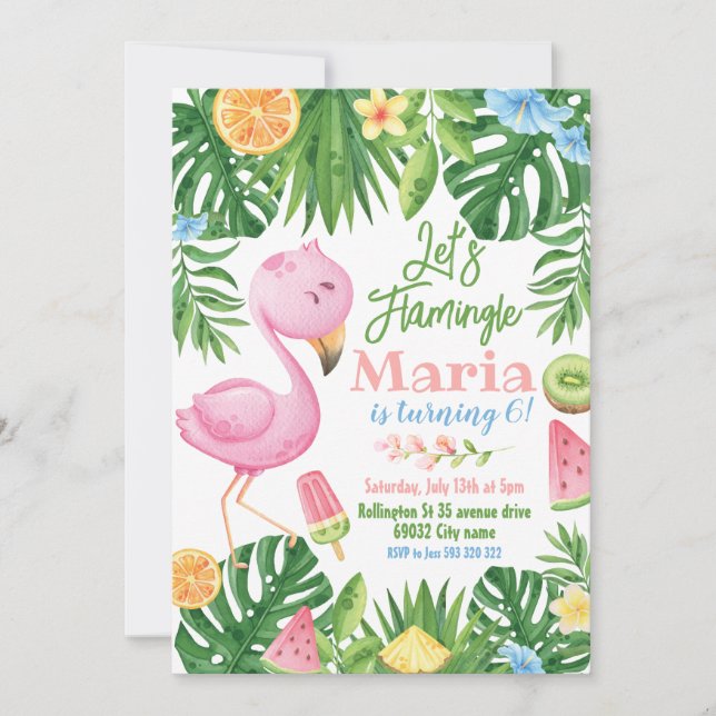Invitation Flamingle Flamant rose tropical aux fruits Anniver (Devant)