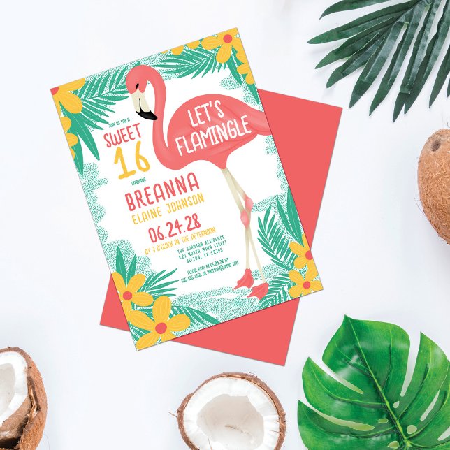 Invitation Flamingle Flamant rose Tropical Floral Sweet 16 (Créateur téléchargé)
