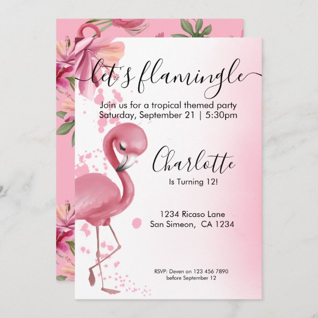 Invitation Flamingle Flamant rose Tropical Rose Anniversaire (Devant / Derrière)