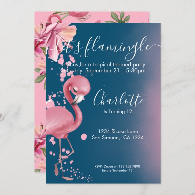 Invitation Flamingle Flamant rose Tropical Rose Anniversaire (Devant / Derrière)
