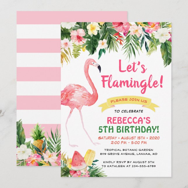 Invitation Flamingle Floral Summer Anniversaire de enfant Par (Devant / Derrière)