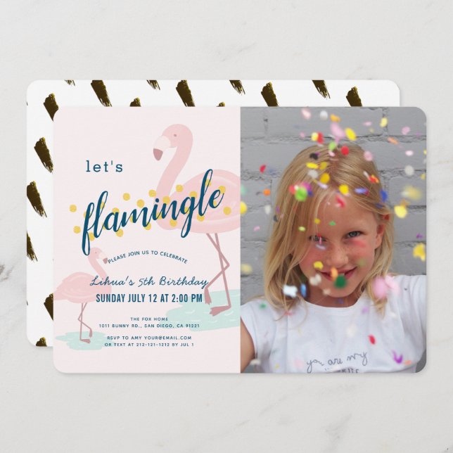 Invitation Flamingle Framingo Pink Photo Girl Anniversaire (Devant / Derrière)