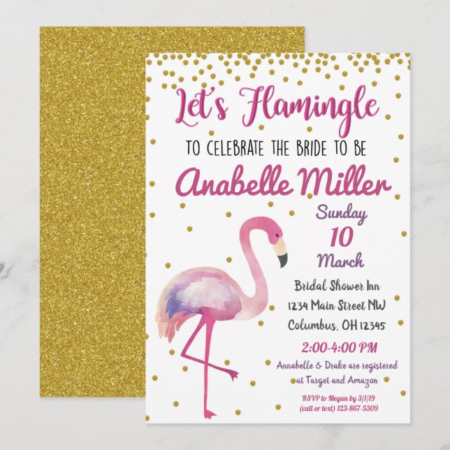 Invitation Flamingle Gold Bridal Shower (Devant / Derrière)