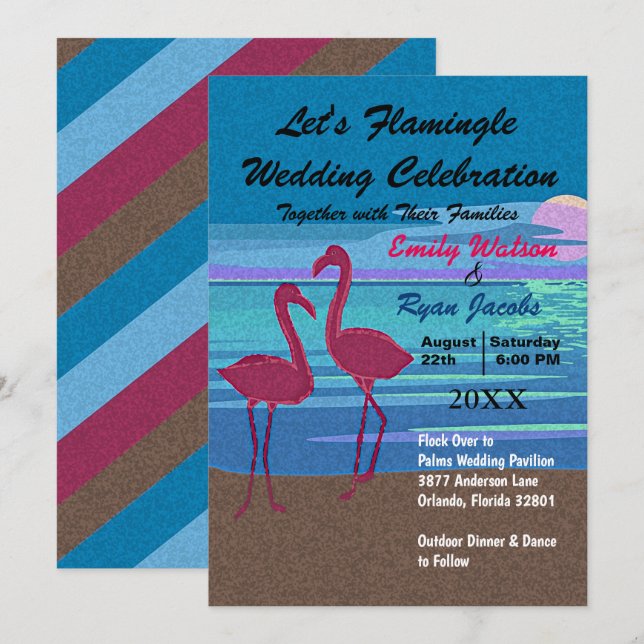 Invitation Flamingle Mariage Celebration Beach à Dusk (Devant / Derrière)