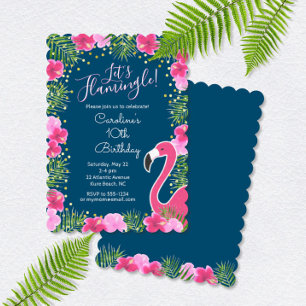 Invitation Flamingle Marine Blue Tropical Floral Anniversaire