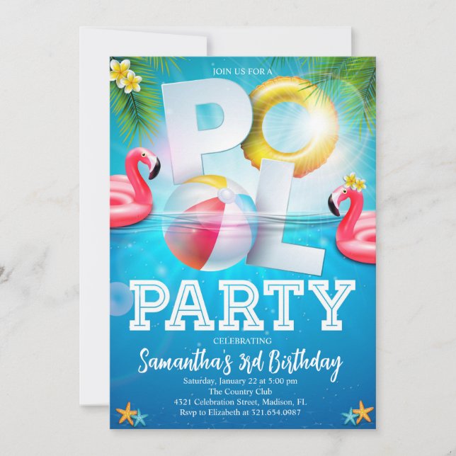 Invitation Flamingle Tropical Pool Party Anniversaire (Devant)