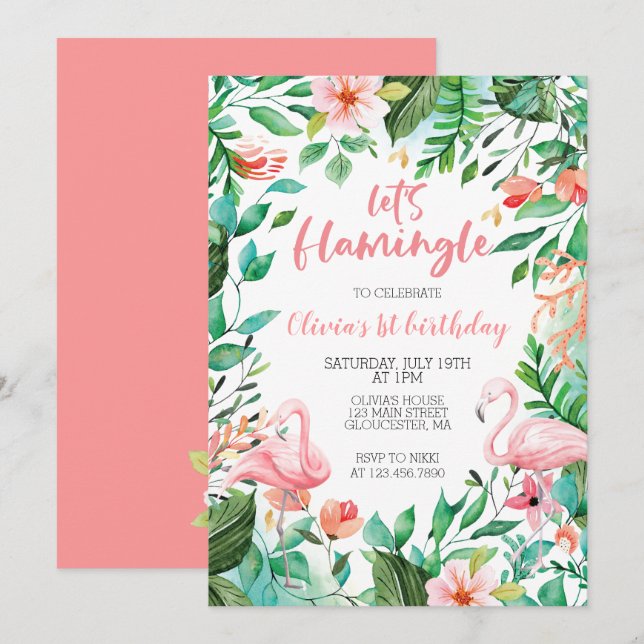 Invitation Flamingle Tropical premier anniversaire flamant ro (Devant / Derrière)