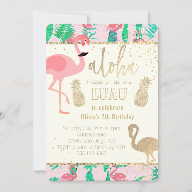 Invitation flamingo art fausse feuille or luau (Devant)