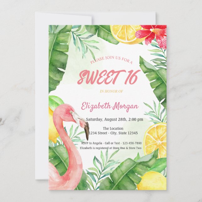 Invitation Flamingo d'été aquarelle Sweet 16 (Devant)