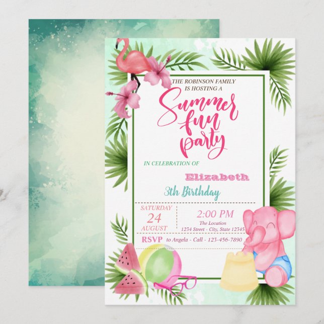 Invitation Flamingo,Feuille de Palmier Pastèque Anniversaire  (Devant / Derrière)