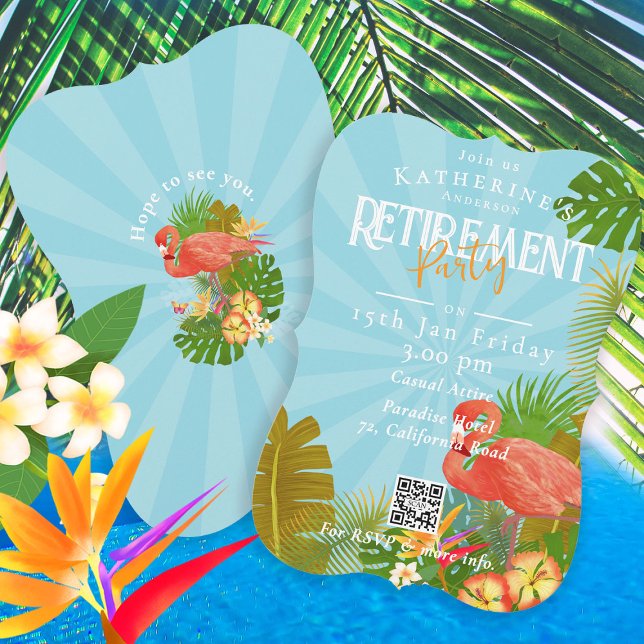 Invitation Flamingo Floride Tropical Bleu Retraite (Flamingo Tropical Retirement Party Invitation Card.)
