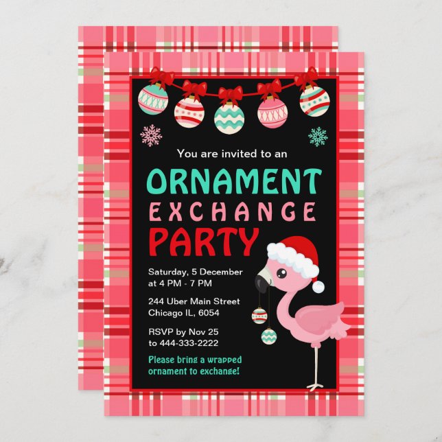 Invitation Flamingo Holiday Ornament Exchange Party (Devant / Derrière)