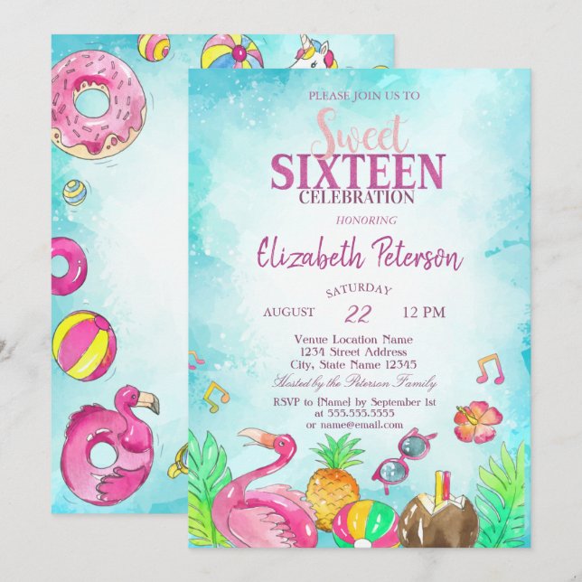 Invitation Flamingo Pinapple Eté Piscine  Sweet 16  (Devant / Derrière)