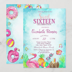 Invitation Flamingo Pinapple Eté Piscine Sweet 16