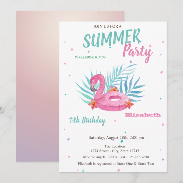 Invitation Flamingo Piscine Flotteur Fête d'anniversaire d'ét (Devant / Derrière)