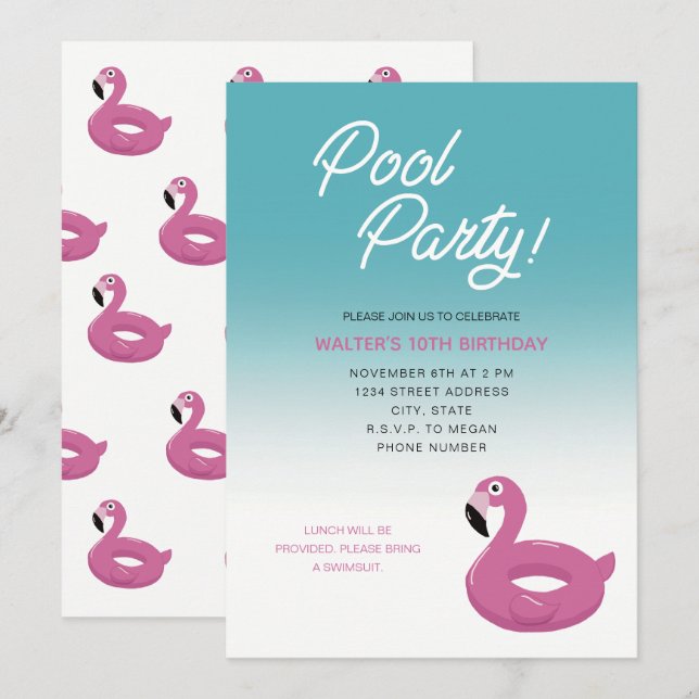 Invitation Flamingo pour une Pool Party (Devant / Derrière)