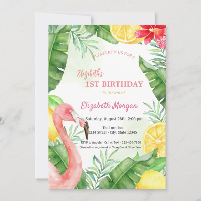 Invitation Flamingo Premier Anniversaire Été Aquarelle (Devant)