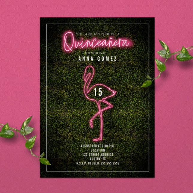 Invitation Flamingo Quinceañera Lumières Néon Rose Boîte de B (Créateur téléchargé)