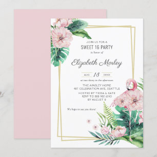 Invitation Flamingo Rose Botanique Cadre Floral Sweet Sixteen