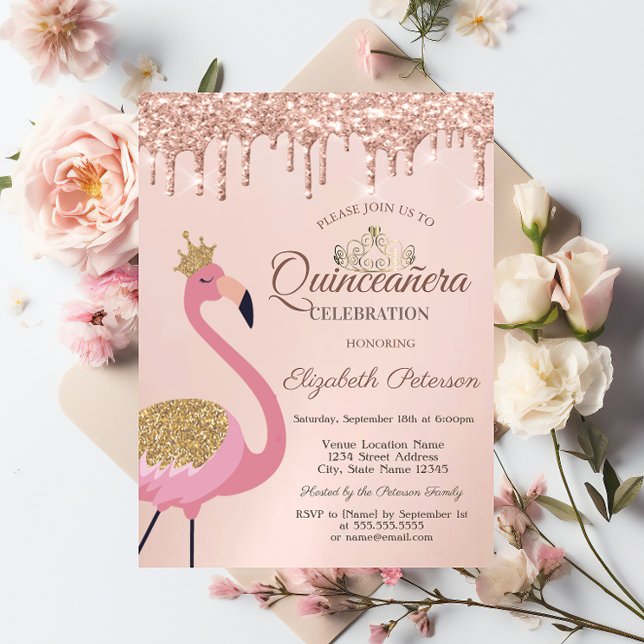 Invitation Flamingo rose, Diadème, Gouttes de rose doré pour  (Créateur téléchargé)
