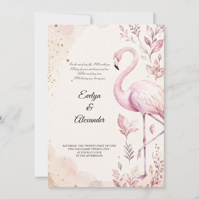 Invitation Flamingo Rose Pâle Aquarelle Or Mariage  (Devant)