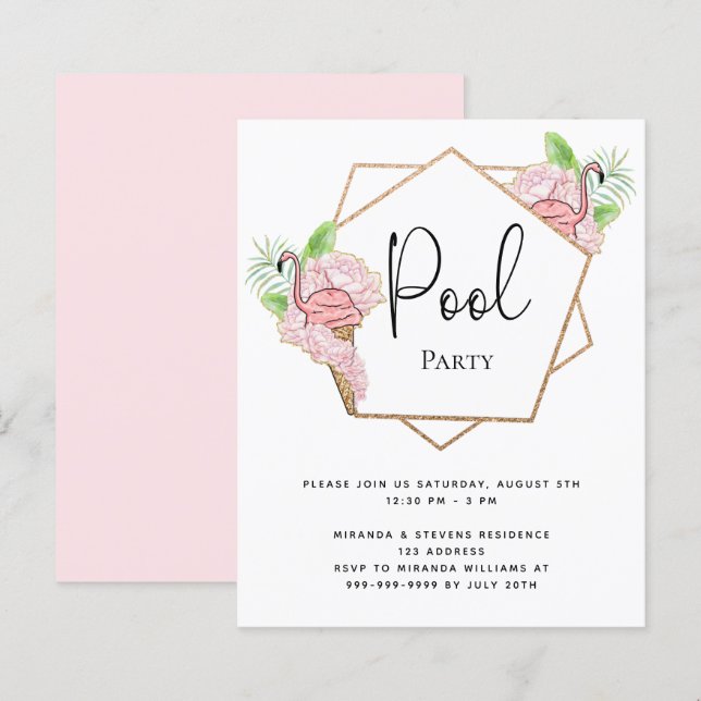 Invitation flamingo rose rose de la piscine Budget (Devant / Derrière)