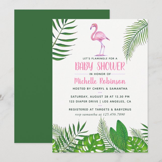Invitation Flamingo Rose Tropical Aquarelle Fille Baby Shower (Devant / Derrière)